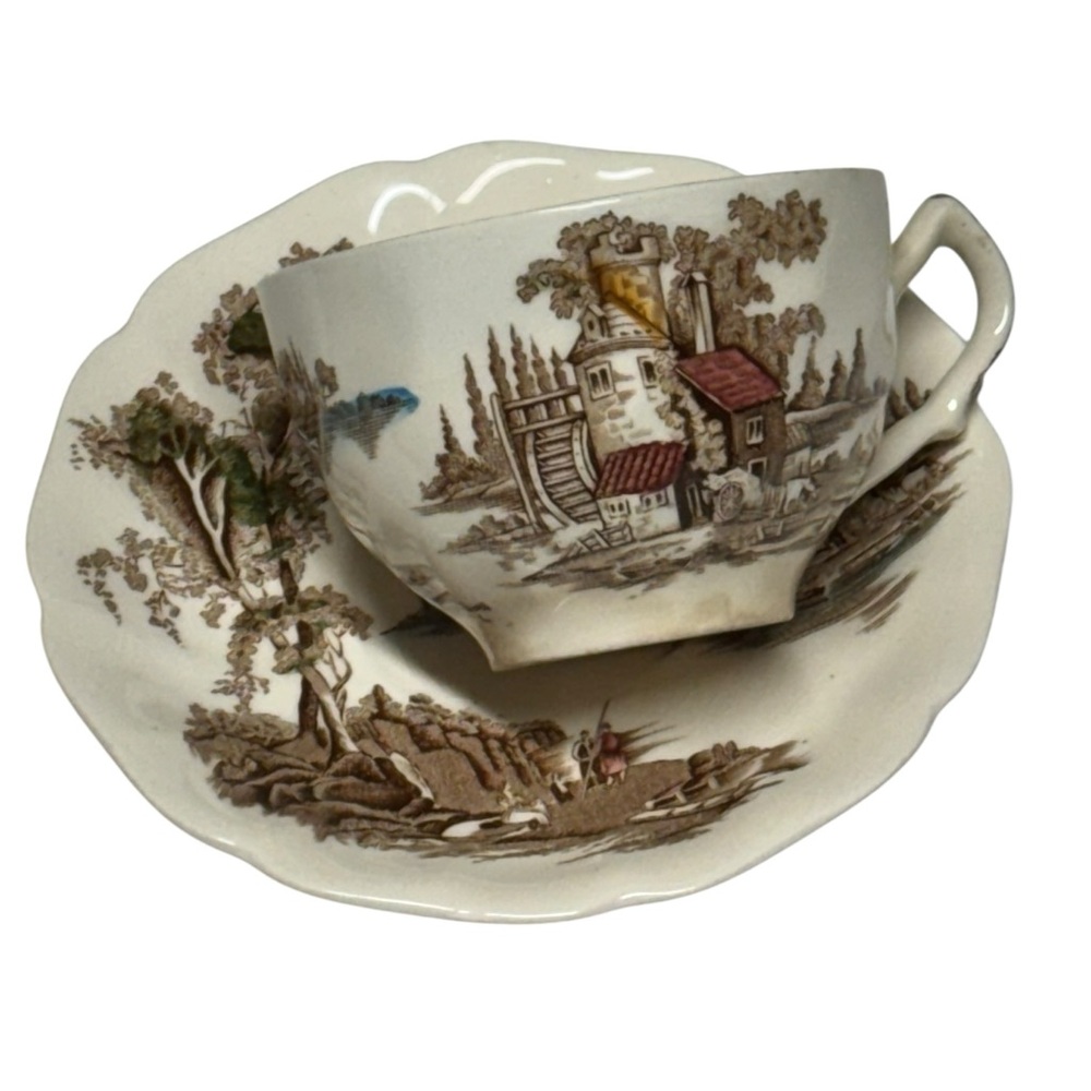 The Old Mill Johnson Bros Vintage Cream and Brown Teacup‎ and Saucer Set